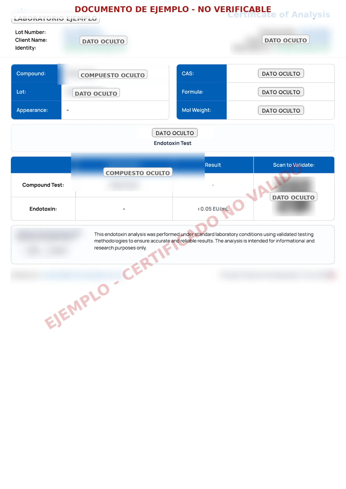 Página 3 del certificado de análisis de ejemplo